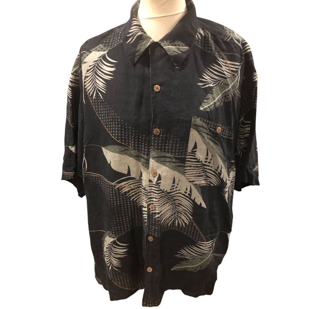 Paradise Coves palm tree Hawaiian silk linen blend palm tree print button up shi